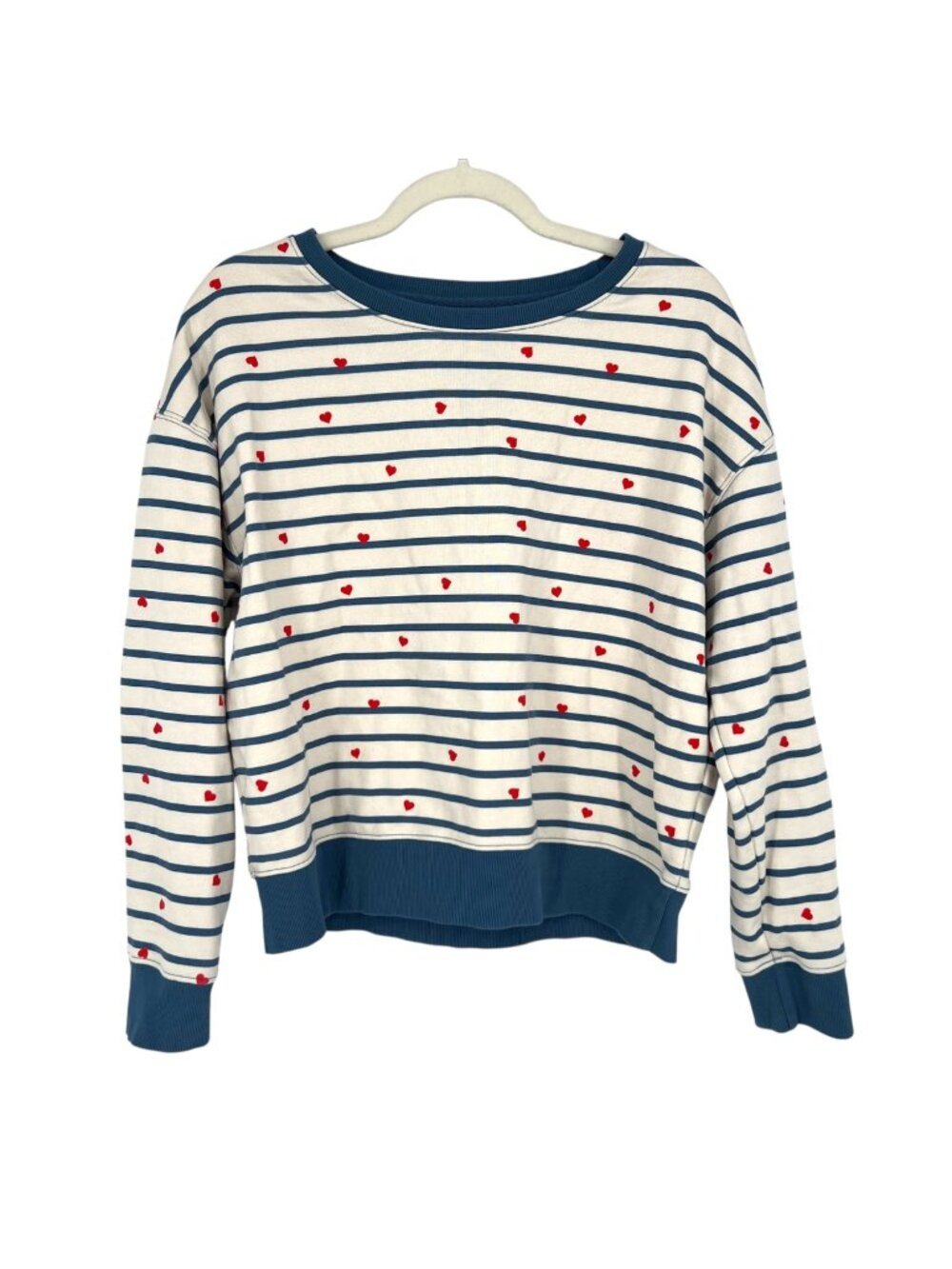Pact Scattered Hearts Striped Sweatshirt Organic Cotton Blue Cream Size Medium